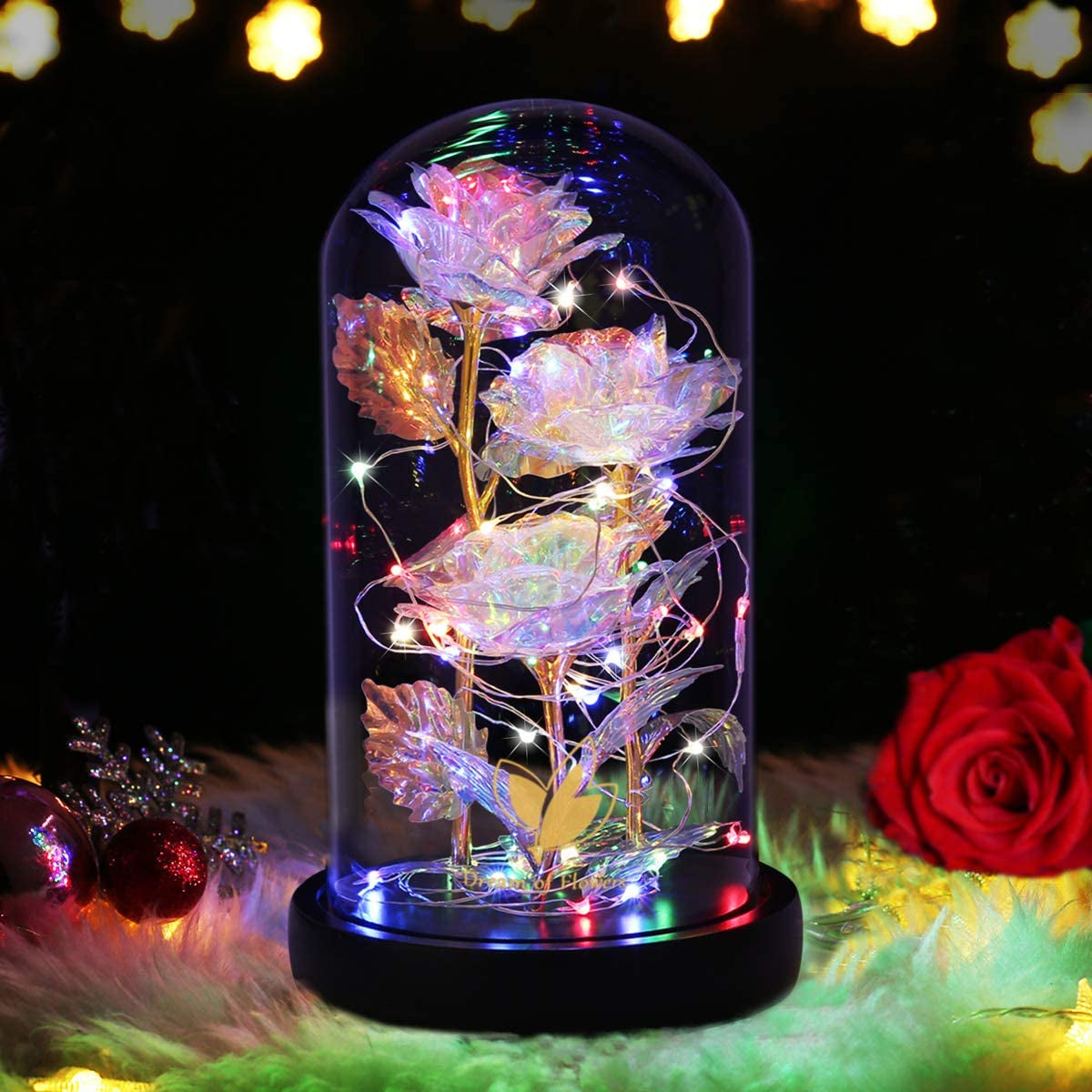 Mothers Flowers Gifts for Mom,Birthday Gifts for Women,Beauty and the Beast Rose,Colorful Rainbow Light up Rose in a Glass Dome Mom,Women,Wife'S,Grandma