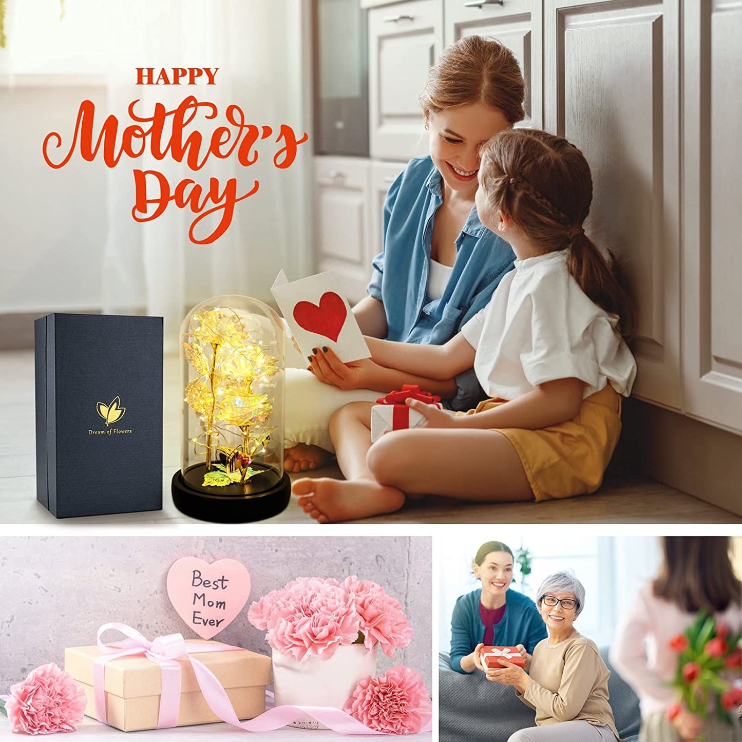 Mothers Flowers Gifts for Mom,Birthday Gifts for Women,Beauty and the Beast Rose,Colorful Rainbow Light up Rose in a Glass Dome Mom,Women,Wife'S,Grandma