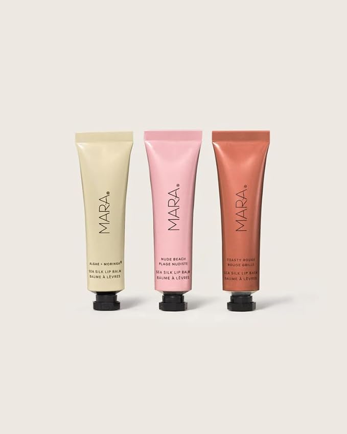 MARA - Sea Silk Lip Balm Trio | Non-Toxic, Plant-Based Skin Care, Hypoallergenic | Moisturize, Plump + Soothe Dry, Chapped Lips | Clear, Nude Beach, & Toasty Rouge (3 Piece Set)