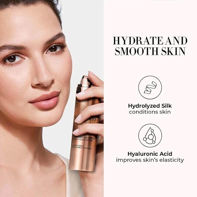 LUMINESS Silk Airbrush Spray Foundation & Buffing Brush Kit – Full Coverage Foundation & Dual-Sided Buffing Brush - Buildable Coverage, Anti-Aging Formula Hydrates & Moisturizes (Shade - Tan Dark)