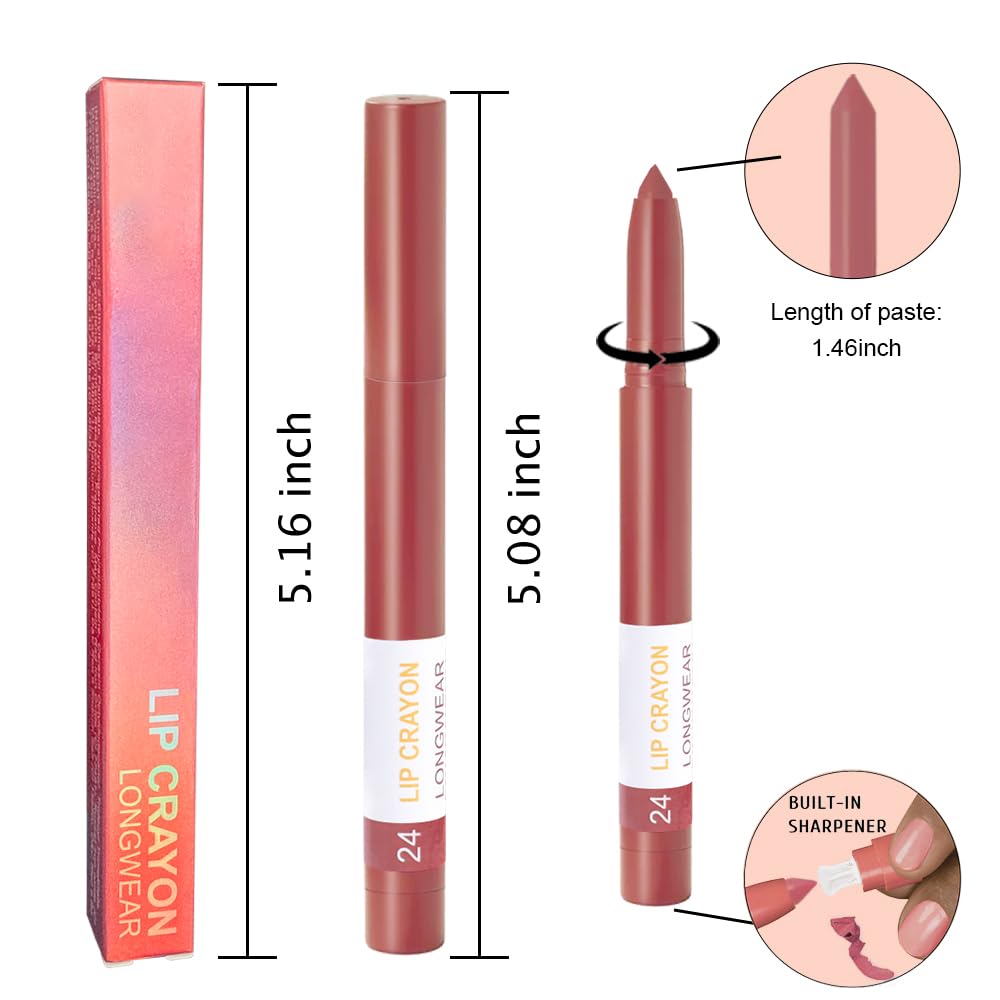 BINGBRUSH Lip Crayons Matte Longwear Lipstick Pack Set,Moisture Smooth Lipliner With Built-in Sharpener Ultimate Super Stay Ink Lip Crayon for Makeup,Waterproof Velvet Lipgloss Lip Stain(24Indian Red)