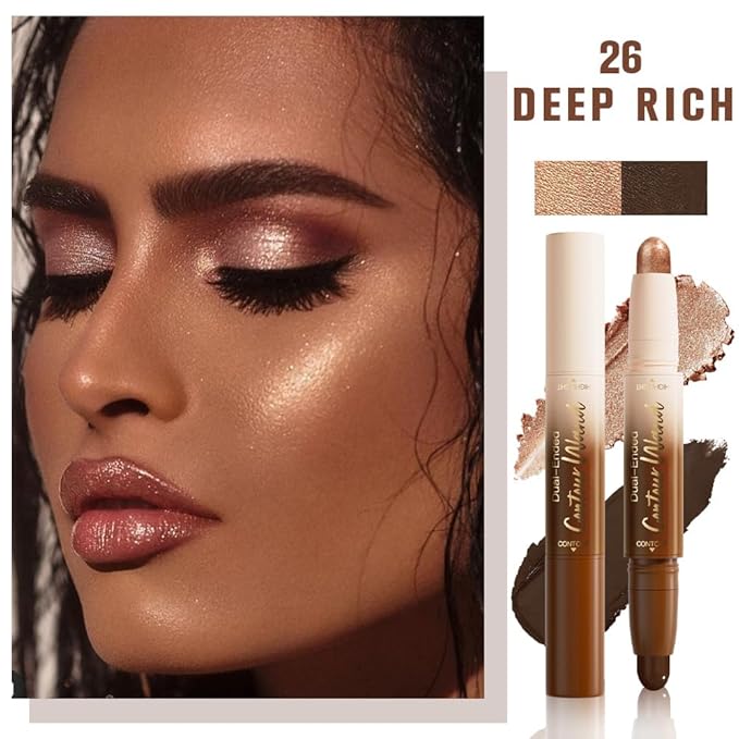 2Pcs 2in1 Cream Contour Highlighter Stick, Dual-Ended Highlighter Makeup Contour Stick, Contour Stick Dual Ended For Face Body Makeup, Long Lasting Waterproof for All Skin Tones (05+06)