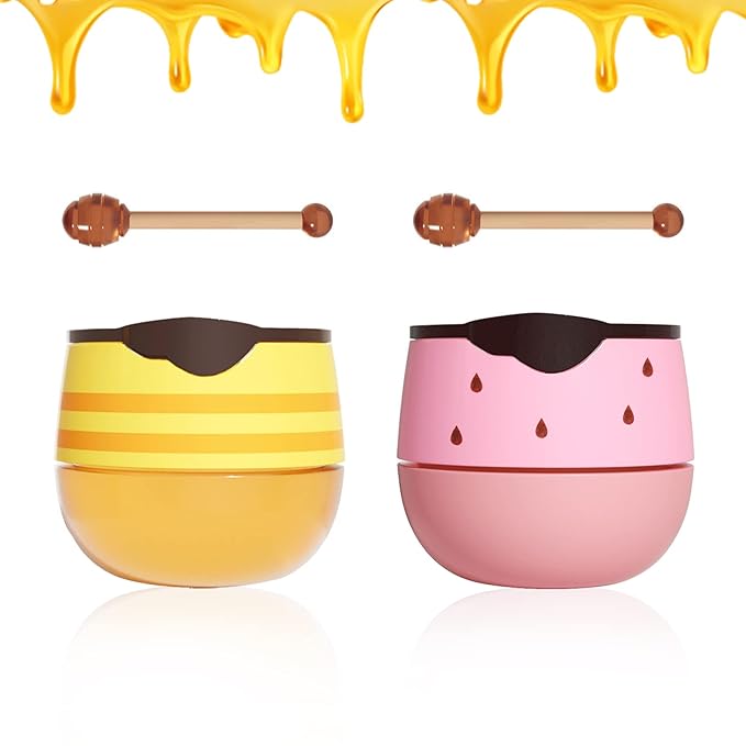 2PCS Bee Lip Balm Honey Pot,Honey Lip Balm With Honey Spoon,Honey Lip Mask Moisturizing Hydrating Prevents Dry and Chapped Lips,Lip Exfoliating Bee Lip Balm(Honey+Strawberry)