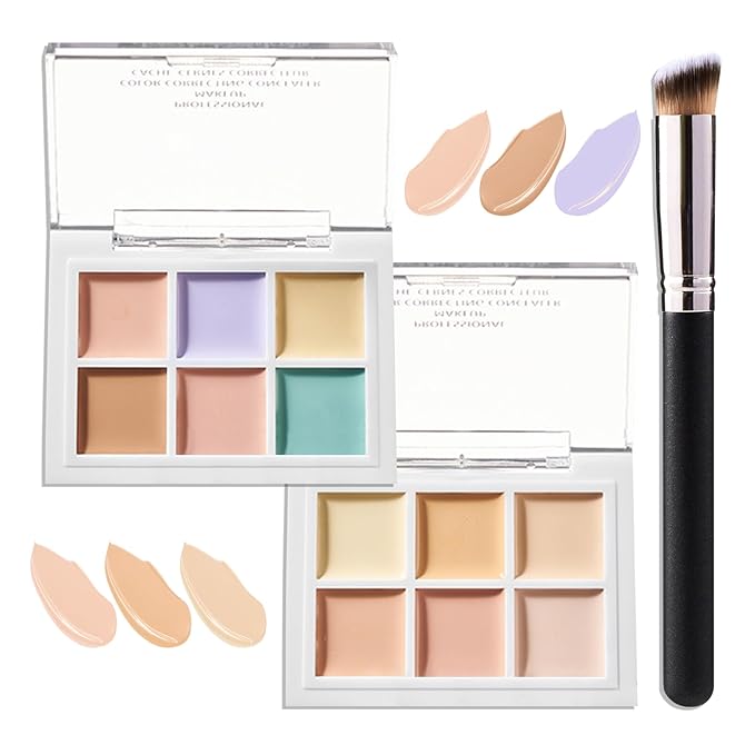 12 Colors Correcting Concealer Contour Makeup Palette, 6 in 1 Color Corrector Palette,Highlighting Concealer Palette Contouring Liquid Foundation Makeup Kit with Brushļ¼2PCSļ¼