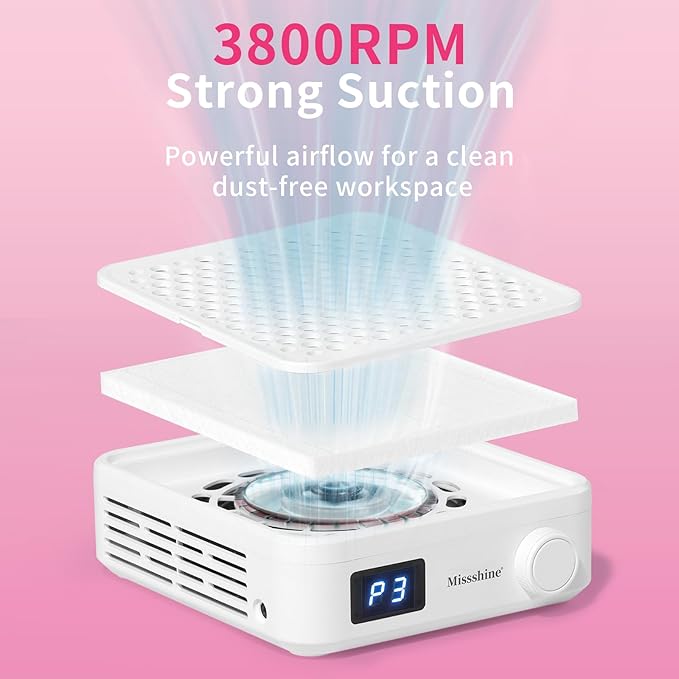 Missshine Nail Dust Collector with Adjustable Suction Power,Mini Vacuum Nail fan Dust Collector With Reusable Filter for Girls