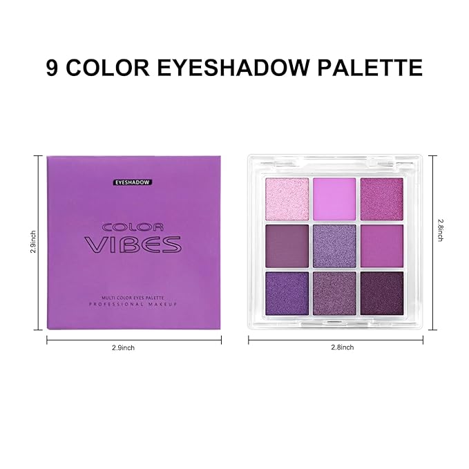 Erinde 9 Colors Purple Pink Lavender Glitter Shimmer Matte Eye Shadow Palette Makeup, Highly Pigmented Waterproof Violet Mauve Dark Purple Silver Pearl White Shimmer Sparkling Party Eyeshadow Palette