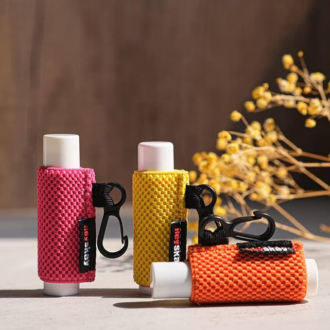 3PCS Lip Balm Holder Sleeves Keychain Chapstick Holder Keychain Lip Gloss Holder Keychain Chapstick Elastic Sleeves(Black/Brown/Light Blue)