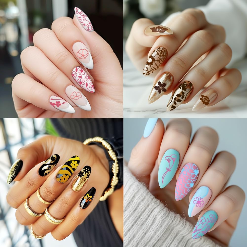 3Pcs Flower Nail Stamping Plate Set Tulips Roses Stainless Floral Steel Nail Stamp Templates Clear Silicone Nails Stamping with Stamper Scraper for Manicure Printing