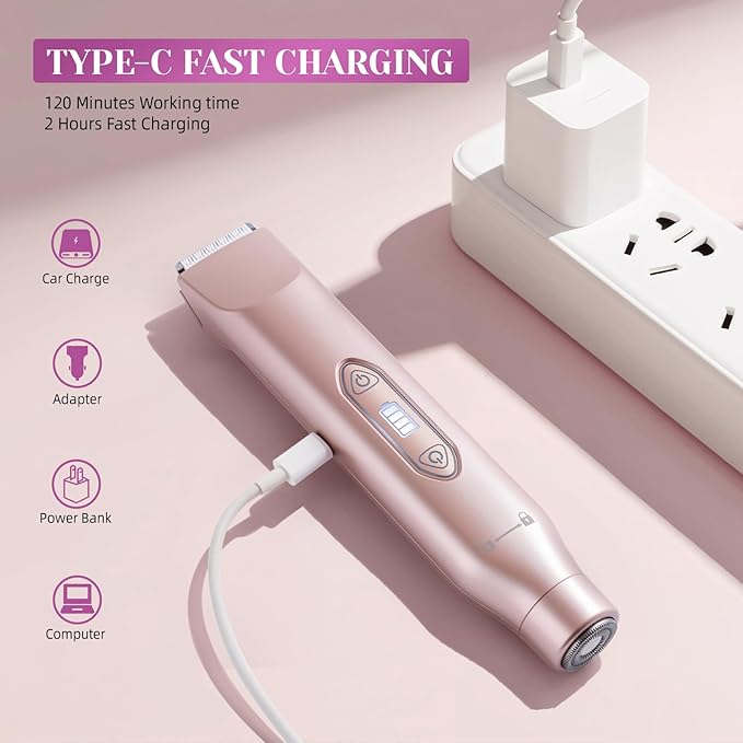 Bikini Trimmer for Women,3 in 1 Electric Razor with Ceramic Blades, IPX7 Waterproof, USB Rechargeable, Painless Hair Removal for Face,Body,Bikini Area, Travel Grooming Kit (Rose Gold)