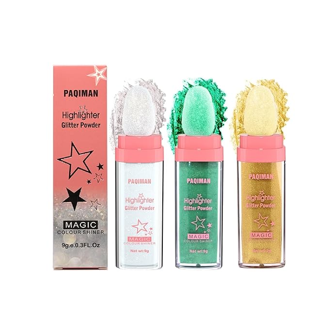 3 Color Glitter Powder Highlighter Makeup, Body Brightens the Natural Three-dimensional Face Blusher Patting Powder Highlighter. (01 &04 & 05)
