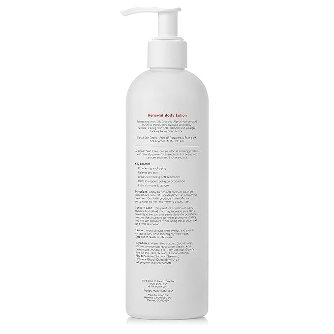 Alpha Skin Care Revitalizing Body Lotion, 12% Glycolic AHA, Simple & Effective Daily Moisturizer with Alpha Hydroxy Acid, Hydrates & Exfoliates for Soft, Smooth Skin, Anti-Aging, 12 Oz