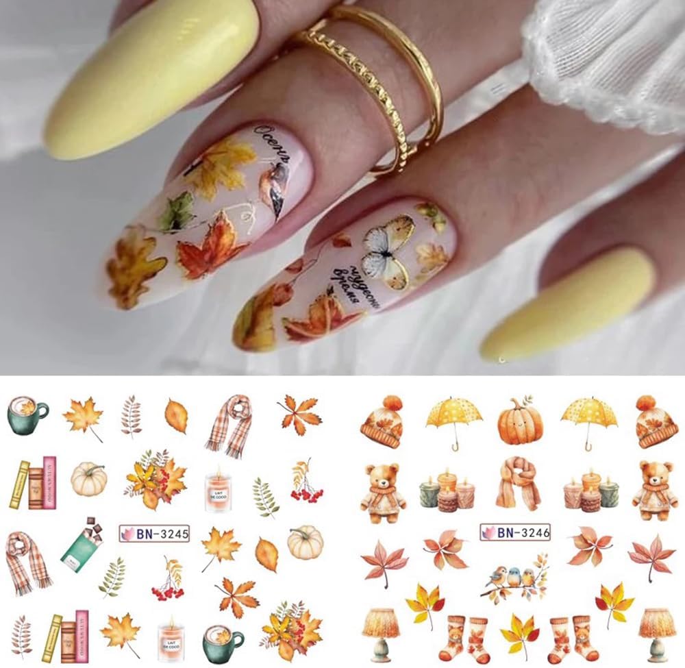 Fall Thanksgiving Nail Art Stickers Decals Autumn Maple Leaf Water Transfer Nail Foils Supplies Fall Pumpkin Squirrel Fox Mushroom Designer Nail Decals for Nail Art Thanksgiving Nail Art Decoration