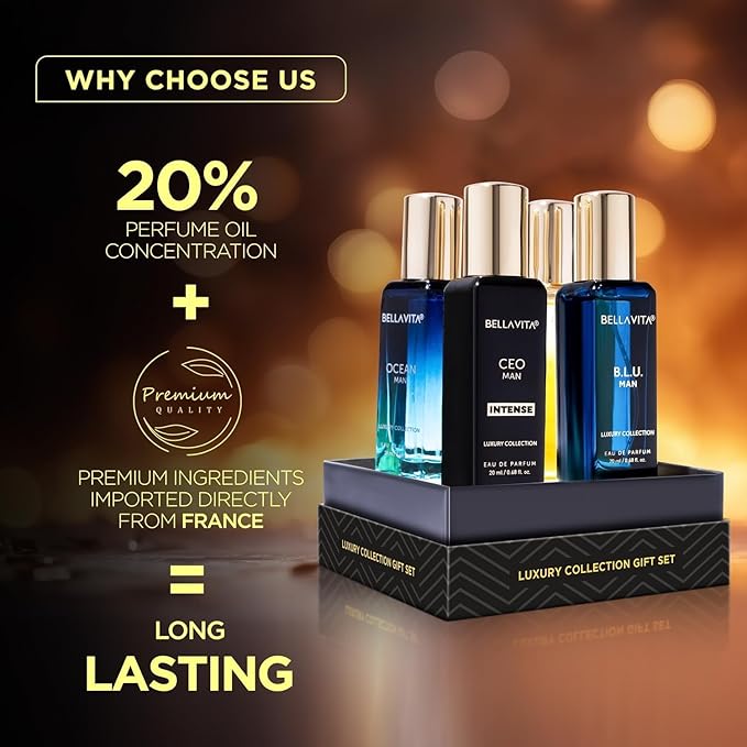 BellaVita Luxury Collection Eau De Parfum Gift Set (4x20ml) | Premium Unisex Perfume Set | Notes of Aqua, Musk, Amber and Bergamot | Includes OUD GOLD, OCEAN, B.L.U. & CEO Intense | Perfume Gift