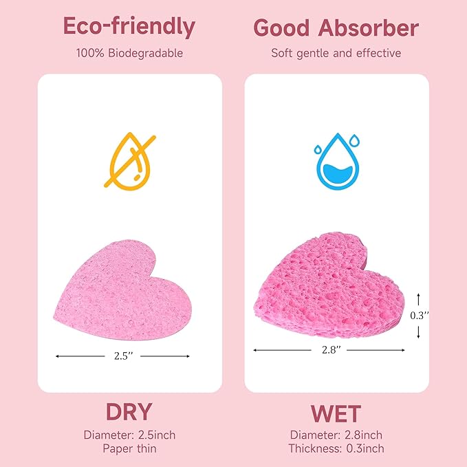 100 Count Compressed Pink Facial Sponges | 100% Natural Cellulose Eco-Friendly Makeup Sponges for Gentle Cleansing, Exfoliating & Stubborn Makeup Removal | Travel & Home Beauty Essentials for Women