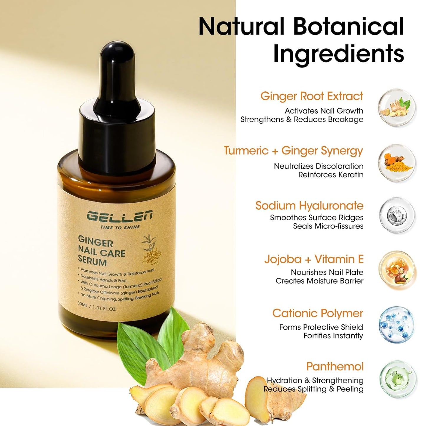 Gellen 30ml Ginger Nail Growth Serum for Nail Strengthener and Growth, Nail Repair Treatment for Weak Brittle Splitting Damaged Nails, Hydrated & Nourished Nail Care Solution for Hands & Feet