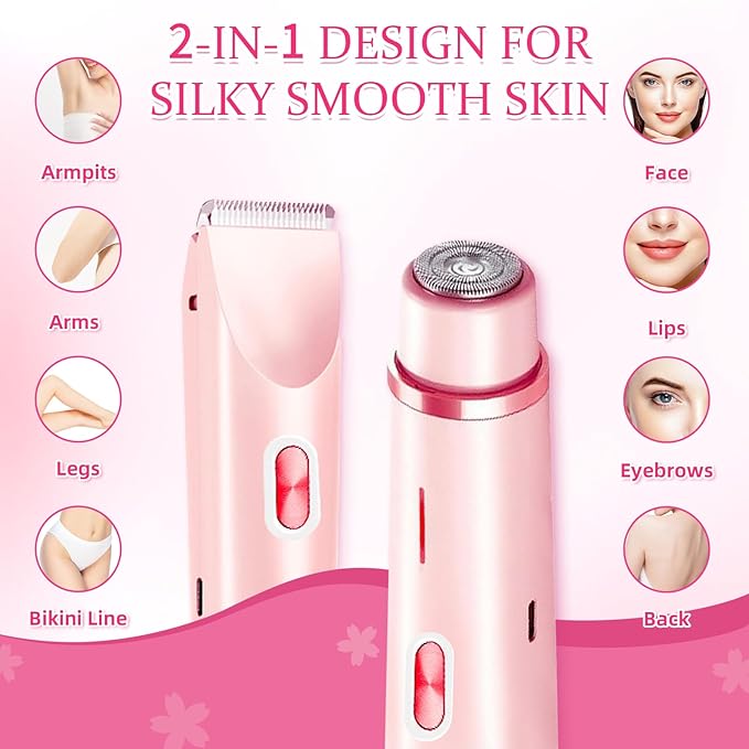 Bikini Trimmer for Women, 2 in 1 Electric Razors for Women, Dermave Bikini Shaver, IPX7 Waterproof & Easy Cleaning, Ceramic Blade, 120 Min Cordless Runtime, Ultra Low Silent (Pink).