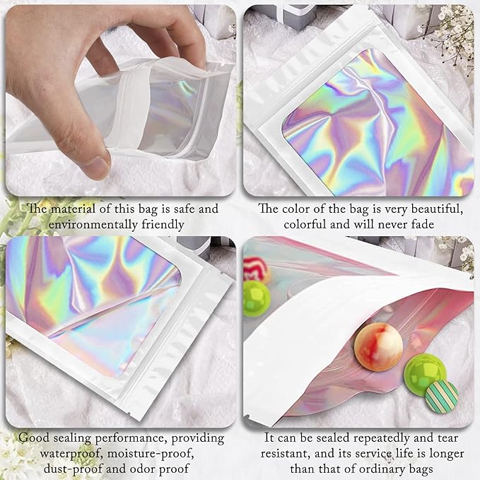 100 Pack Holographic Bags, Smell Proof Packaging Bags, Clear Window Resealable Odor Foil Pouch Mylar Bag for Food Storage and Lipgloss, Jewelry Lash (White, 3 x 4.7 Inch)