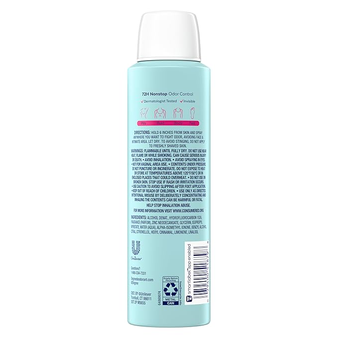 Degree Women Whole Body Deodorant Spray, Rose & Waterlily Scent, Aluminum Free 72H Odor Protection 4 oz