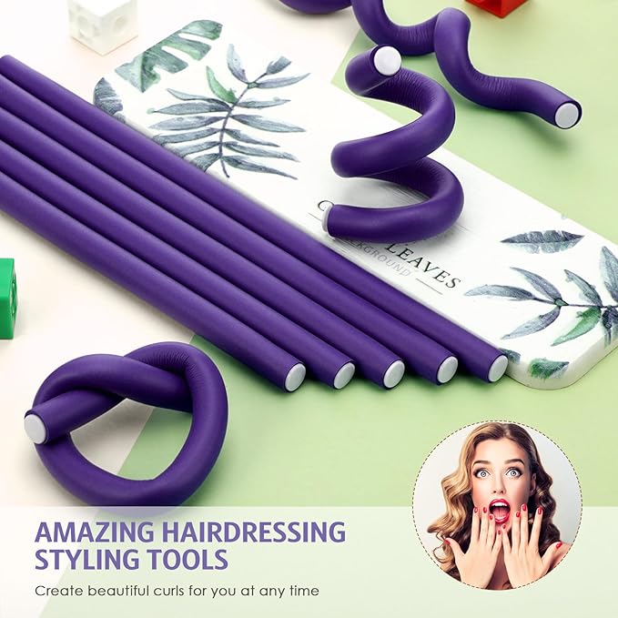 Syhood 30 Pcs 7'' Flexible Curling Rods Twist Foam Hair Rollers Soft Foam No Heat Hair Rods Rollers and 1 Steel Pintail Comb Rat Tail Comb for Women Long Short Hair(Purple,7 x 0.47 Inch)