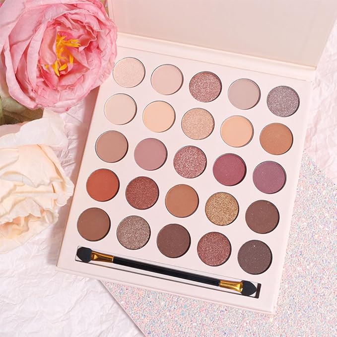 25 Colors Nude Champagne Gold Glitter Matte Shimmer Eyeshadow Palette for Eye Makeup,High Pigmented Brown Eye Shadow Primers Powder Palet de sombras de ojos