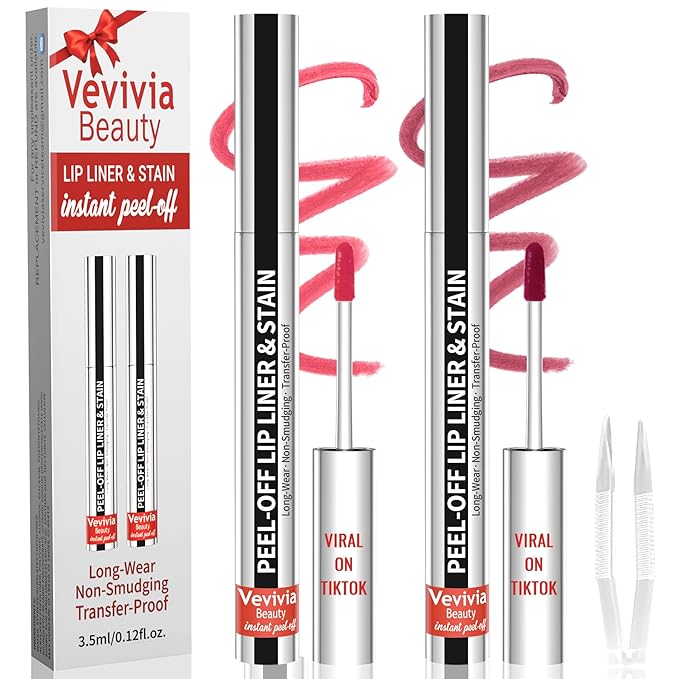 2pcs Lip Stain Peel Off - Lip Liner Stain Long Lasting Waterproof,2-in-1 Lip Liner with Tweezer Nude Matte,Non-Stick Cup,Highly Pigmented,Natural Finish,Stay On All Day,Perfect for Gift (Nude+Mauve)