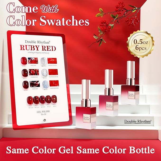 Double Rhythm 6 Pcs 15 ML Gel Polish Set Same Color Same Bottle Soak Off Gel Polish Kit Nail Art Manicure Salon DIY at Home for Women (Jelly Burgundy Red Glitter Silver -T6-56)