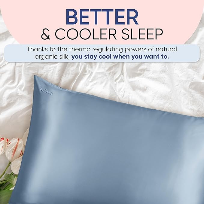 Blissy Silk Pillowcase - 100% Pure Mulberry Silk - 22 Momme 6A High-Grade Fibers - Silk Pillow Cover for Hair & Skin - Regular, Queen & King (Ash Blue, Queen)