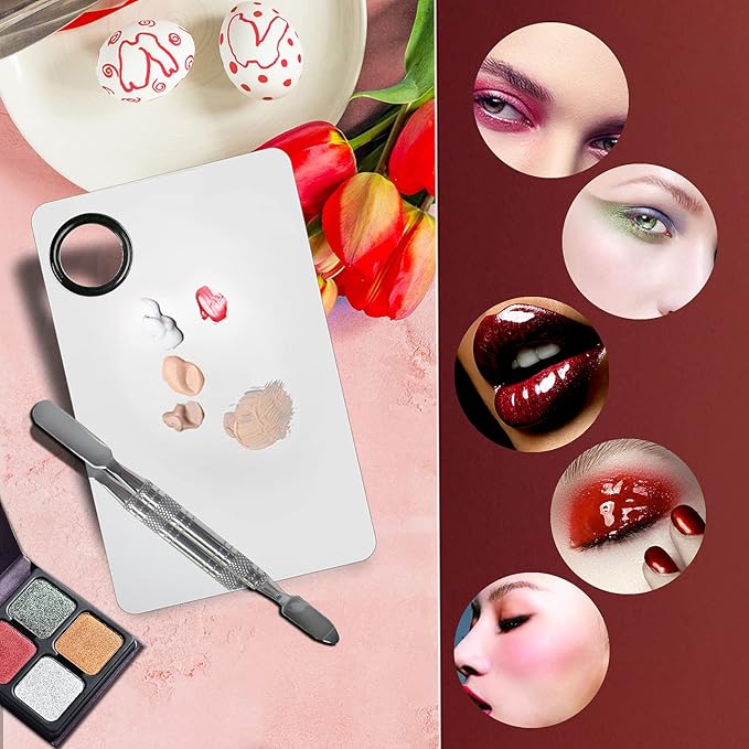 2Pcs Cosmetic Makeup Palette, Premium Stainless Steel Metal Makeup Mixing Palette with Spatula, Makeup Mixing Tray for Mixing Foundation/Eye Shadow/Mascara/Nail Polish/Pigment/Nail Art