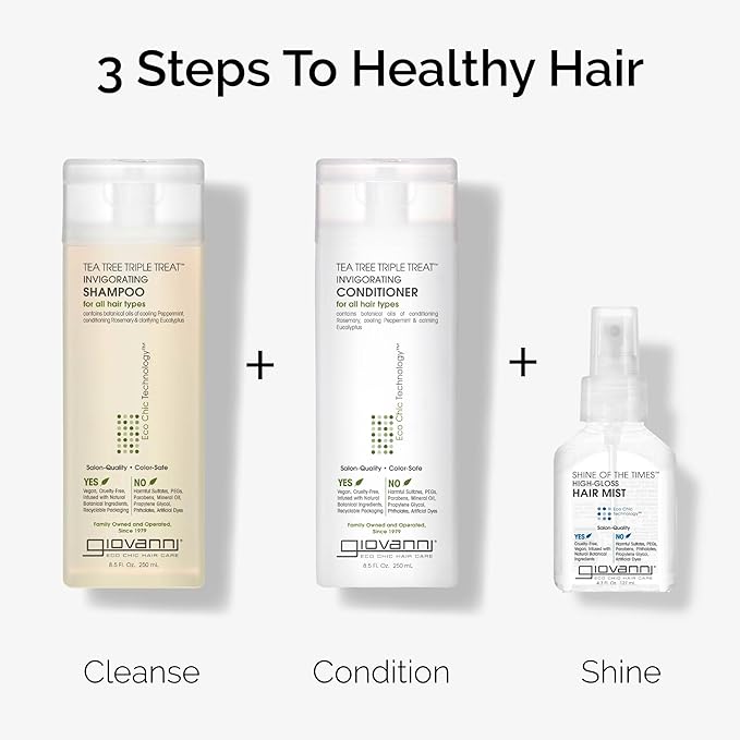 GIOVANNI Tea Tree Triple Treat Invigorating Shampoo & Conditioner Set - Cooling Peppermint, Eucalyptus, Rosemary, Helps Dry, Flaky Scalp, Salon Quality, Vegan, Cruelty Free - 8.5 oz Each