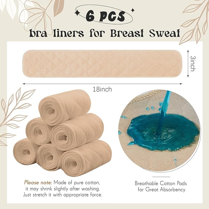 Toulite 6 Pcs Cotton Bra Liners Rectangle Under Bra Pads 3 Layer Bra Sweat Liners for Women Sweating Supplies