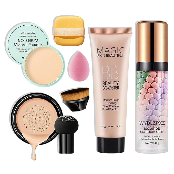 Mushroom Head Air Cushion CC Cream + BB Cream + Tri-color Color Corrector Isolation Cream Foundation Set Moisturizing Full Coverage Foundation Concealer Lasting Foundation Makeup Base Primerļ¼7 Pcsļ¼