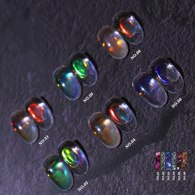 3 Boxes Ice Transparent Aurora Nail Powder Neon Rainbow Holographic Chameleon Powder Multi Chrome Iridescent Pigment Pearlescent Nail Art Glitters(Transparent#4#5#6)