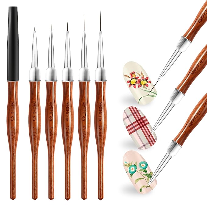 Nail Art Liner Brushes, 5Pcs Wooden Nail Brushes for Fine Drawing & Detailed Nail Art, Gel Polish Painting Tools for Long Lines & Nail Design Sizes 5/8/12/15/20mm(Wood color)