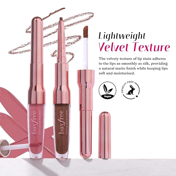 2 PCS Lip Liner and Lip Stain Combo Set, High Pigmented Long Lasting Velvet Lip Tint, Well-Defined Lipliner, Weightless Waterproof Not Animal Tested, Matte Finish Makeup
