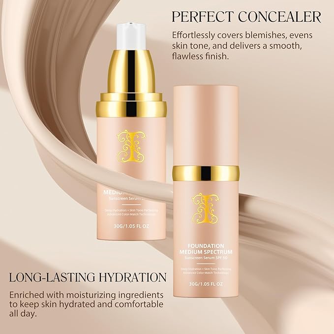 Colour Changing Foundation Liquid 4 in 1, Foundation for Older Women, Hydrating Longwearing & Waterproof Concealer, SPF 50+ Makeup Base Nude Face, Medium Spectrum for all Skin