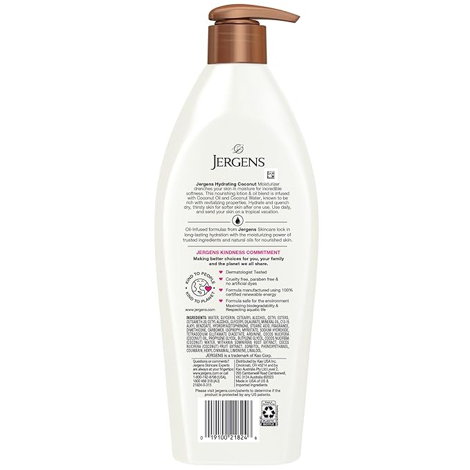 Jergens Hydrating Coconut Body Lotion, Hand and Body Moisturizer, Infused with Coconut Oil, Hydrates Dry Skin Instantly, Dermatologist Tested, 16.8 oz, Pack of 3