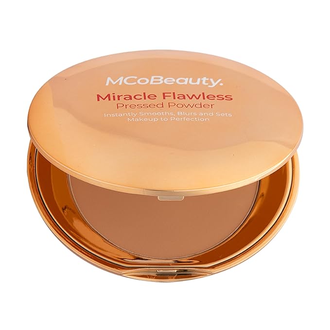 MCoBeauty Miracle Flawless Pressed Powder, Medium Warm Shade, Oil-Control, Soft-Focus Finish with Hydrating Rose Flower Extract & Sweet Almond Oil, Vegan, Cruelty Free Cosmetics