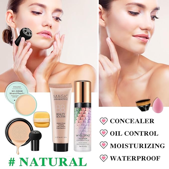 Mushroom Head Air Cushion CC Cream + BB Cream + Tri-color Color Corrector Isolation Cream Foundation Set Moisturizing Full Coverage Foundation Concealer Lasting Foundation Makeup Base Primerļ¼7 Pcsļ¼