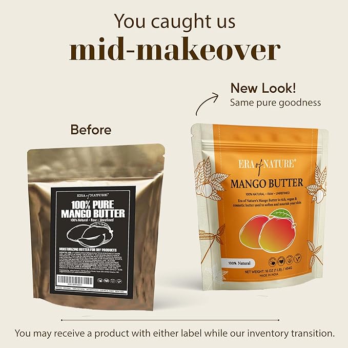 era of nature Organic Unrefined Raw Mango Body Butter Block 16oz - Moisturizing Mango Seed Raw Butter Bar for Skin & Hair, DIY Lip Balm Base, Cream, Soap & Lotion Making Supplies, Personal Skincare