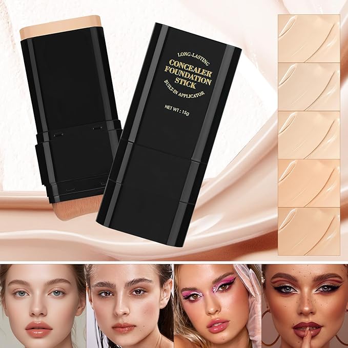 2PCS Long-Lasting Concealer Foundation Stick, Full Coverage Foundation Stick, 2-in-1 Contouring foundation with Brush, Cover Blemishes for All Skin Types (02#Natural)