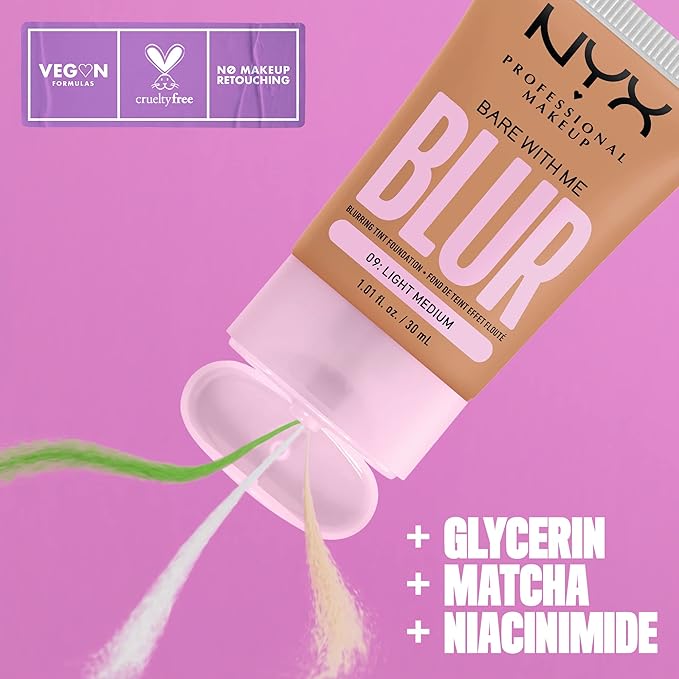 NYX PROFESSIONAL MAKEUP Bare With Me Blur Skin Tint Foundation Make Up with Matcha, Glycerin & Niacinamide - Light Medium