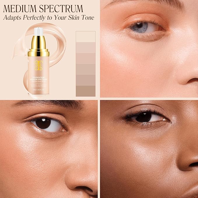 Colour Changing Foundation Liquid 4 in 1, Foundation for Older Women, Hydrating Longwearing & Waterproof Concealer, SPF 50+ Makeup Base Nude Face, Medium Spectrum for all Skin