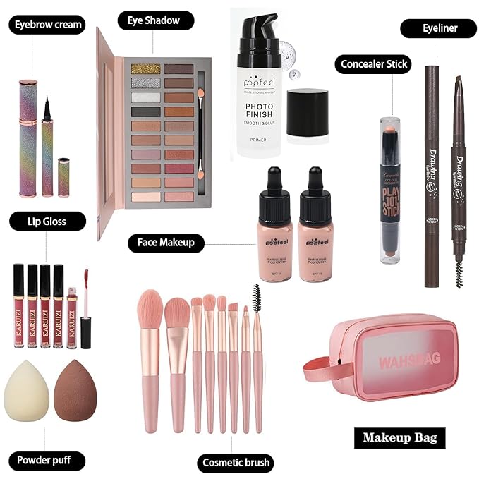 All in One Makeup Kit, Includes 20 Colors Eyeshadow Palette, RUIGPRO Foundation & Face Primer, Makeup Brush, Makeup Sponge, Eyebrow Soap, Winged Eyeliner Stamp, Gift Set for Women, Girls & Teens