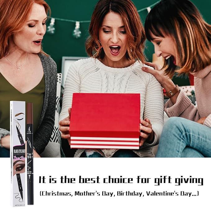 Curved 2 Tip Eyebrow Pen-Brown Eyebrow Pencil With Black Eyeliner 2-in-1 Dual-Ended Create Natural Hair-Like Brows,Waterproof,Smudge Proof,Long Lasting All-Day