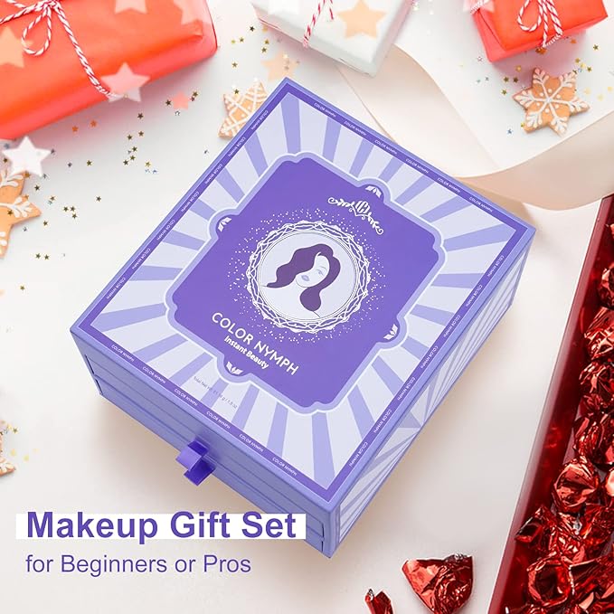 Color Nymph Beginner Makeup Set for Teens, Full Kit Girls Makeup Kits with Exquisite Purple Box Teen Girls Makeup Kit Non-Toxic Includes Eyeshadow Palettes Mascara Lipstick Makeup Set Brushes Kit etc