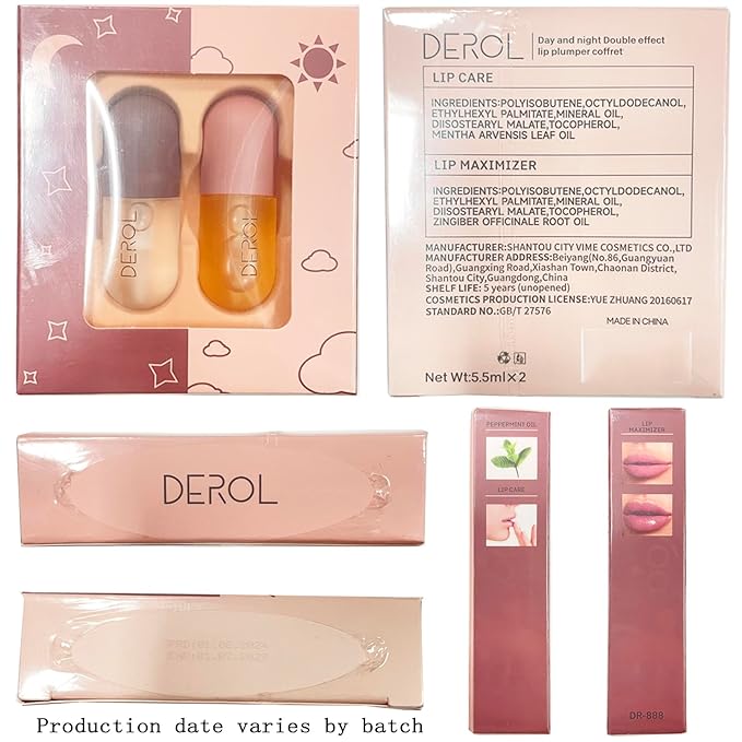 DEROL 2Pcs Natural Lip Plumper, Plant Extracts Plumping Lip Serum, Lip Enhancer Including Day and Night Lip Plumping Balm, Lip Care Serum for Fuller & Hydrated Sexy Lip (5.5MLX2)