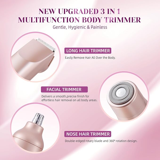 Bikini Trimmer for Women,3 in 1 Electric Razor with Ceramic Blades, IPX7 Waterproof, USB Rechargeable, Painless Hair Removal for Face,Body,Bikini Area, Travel Grooming Kit (Rose Gold)