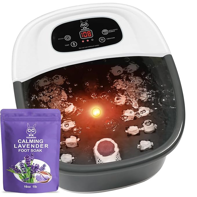 Foot Spa Bath Massager with Heat Bubbles and Vibration Massage and Jets, 16 OZ Calming Lavender Foot Soak Epsom Salt, MoodRelish Foot Soaker with Red Light, 22 Massage Rollers, Adjustable Temp - Black