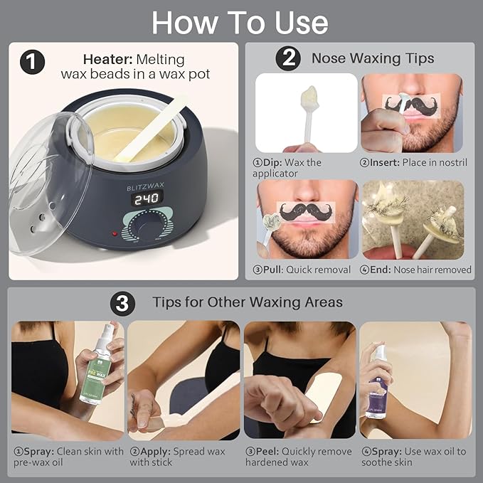 BLITZWAX Back and Nose Waxing Kit for Men, Hard Wax Warmer for Brazilian, Body and Face, At Home Hair Removal Kit, Beginner Friendly, Quick Heating, 93 Accessories, Charcoal Grey