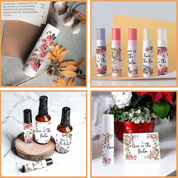 OLYCRAFT 100Pcs 4 Styles Pink Rose Lipstick Tag Stickers Vintage Lip Balm Label Sticker 2.1x1.7 inch/54x44mm Self Adhesive Border Lipstick Labels for Lip Balm Container Tubes Wrapping Decorations